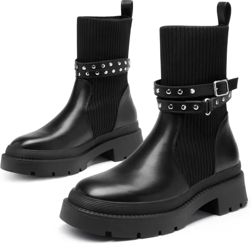 Vista 3 de DREAM PAIRS Women's Ankle Boots Lug Sole Chunky Heel Platform Chelsea Booties Elastic Gore Mid Calf Boots