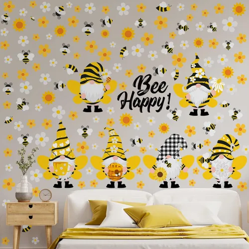 Vista 7 de Capoda 167 calcomanías de pared de gnomo de abeja, 6 hojas de calcomanías de pared de gnomo de girasol para ventanas de vidrio, calcomanías