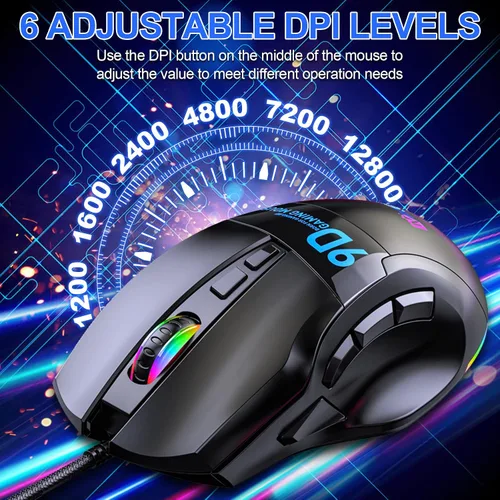 Vista 4 de VEGCOO Ratón para juegos con cable, mouse de clic silencioso con reposamuñecas, luz LED RGB de 6 niveles ajustables DPI programable