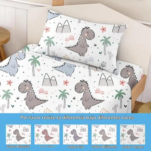 Vista 6 de BYSURE Juego de sábanas para cama individual para niños (Dinosaurio, gris), 3 piezas de sábanas de bolsillo profundo de ajuste fácil, ropa de cama