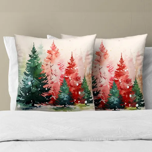 Vista 6 de Fundas de cojín de árboles de Navidad, 2 piezas, fundas de cojín de acuarela roja y verde decorativas de 20x20 pulgadas, fundas de cojín de algodón