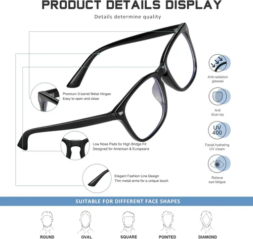 Vista 4 de Paquete de 5 lentes de lectura para hombres y mujeres, con bloqueo de luz azul, para lectura frente a la computadora, reflejos UV (negro, 3.75x)