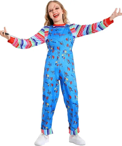 Vista 4 de jiobabe Disfraz de muñeca asesina para niños, disfraz de Halloween de terror