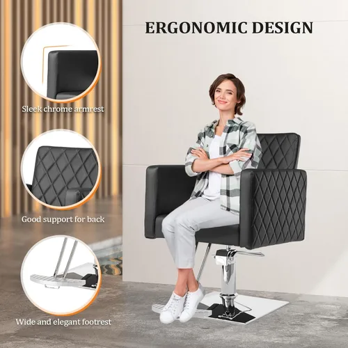 Vista 4 de Bonnlo Silla de salón para estilista asiento ancho, silla de peluquería hidráulica con reposapiés de aleación de aluminio, silla de peluquería negra