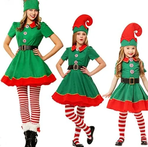 Vista 2 de Disfraz de elfo de Navidad, traje de elfo navideño, ropa familiar de elfo verde para niños, niñas, niños, adultos, mujeres, hombres y parejas