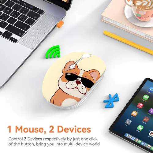 Vista 2 de FMOUSE Bonito mouse inalámbrico, Bluetooth y modo dual de 2.4 GHz con receptor USB, clic silencioso, alimentado por batería AA, para niños, Niña