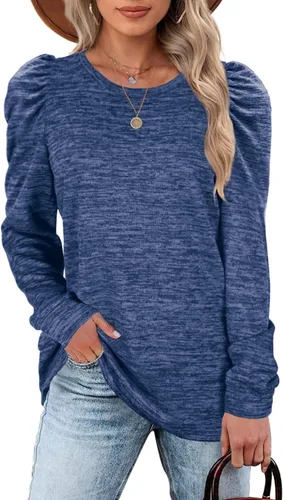 Vista 3 de WEESO Sudaderas de cuello redondo para mujer, suéteres de manga abombada a la moda
