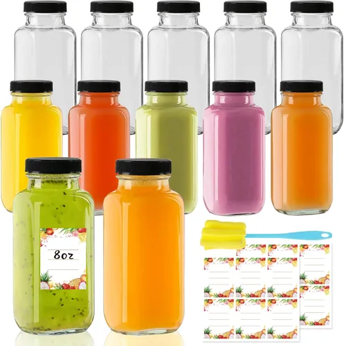 Vista 10 de Botellas de jugo de vidrio de 8 onzas con tapas, paquete de 3 - Frascos reutilizables pequeños para jugos verdes, shots y batidos