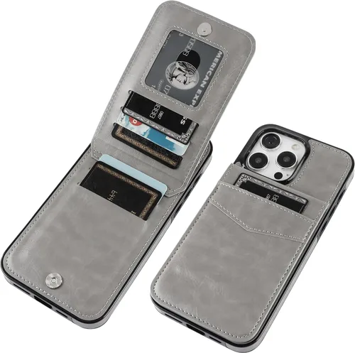 Vista 19 de KIHUWEY Compatible con iPhone 15 Pro Max Funda Billetera con Soporte para Tarjeta de Crédito, Tapa de Cuero Premium con Cierre Magnético y Soporte