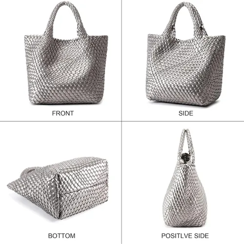 Vista 6 de Queenoris Bolso tejido para mujer, bolso de mano de cuero vegano grande para verano, playa, viaje, bolso y bolso retro hecho a mano