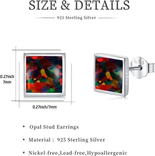 Vista 4 de Aretes de ópalo de fuego negro, plata de ley 925, aretes cuadrados negros, joyería de ópalo, regalos de cumpleaños y Navidad para mujeres, Plata