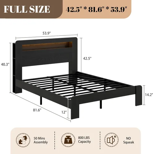 Vista 2 de Marco de Cama de Madera Tamaño Full con Cabecera de Almacenamiento, Marco de Cama de Plataforma Estilo Granja con Estante de Librería y Luces LED