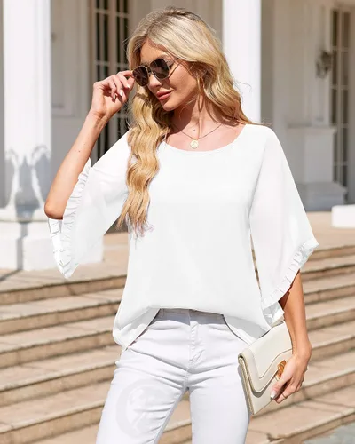 Vista 5 de Blusa de manga 34 con volantes para mujer, camisas fluidas de doble capa, elegantes blusas de gasa