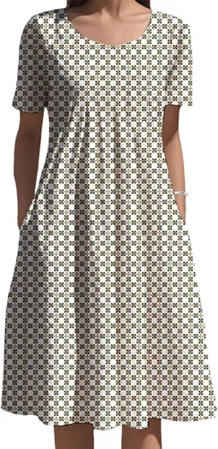 Vista 13 de Vestidos bohemios para mujer, estampado floral, manga corta, cuello redondo, talla grande, vestido de vacaciones con bolsillos para verano 2025