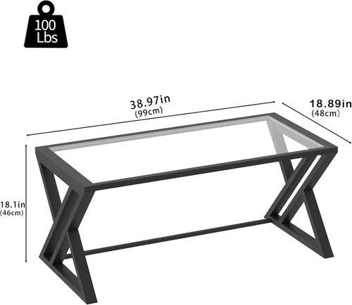 Vista 2 de Mesa de café Wolawu de vidrio negro para sala de estar, mesa central rectangular moderna con marco de metal resistente, mesa de té de vidrio