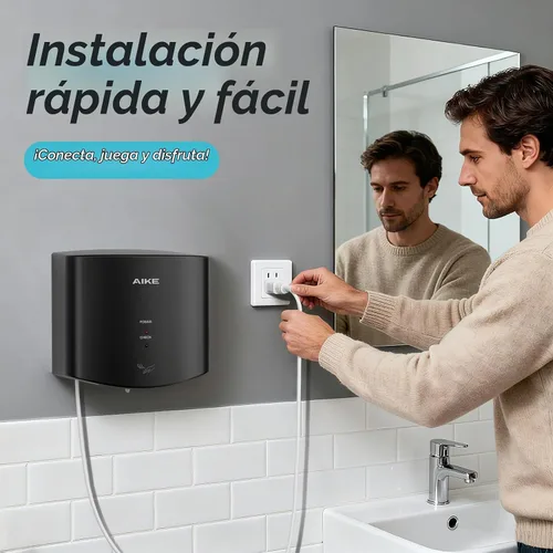 Vista 5 de Secador de manos compacto del limpiaparabrisas del aire de AIKE para los baños, modelo AK2630S de 110V negro Blade Air 15S Dry Time, 1400W High