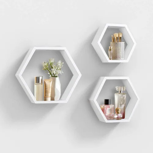 Vista 9 de AHDECOR Estantes flotantes hexagonales montados en la pared, organizador de pared de madera, estante colgante para decoración del hogar, juego de 3