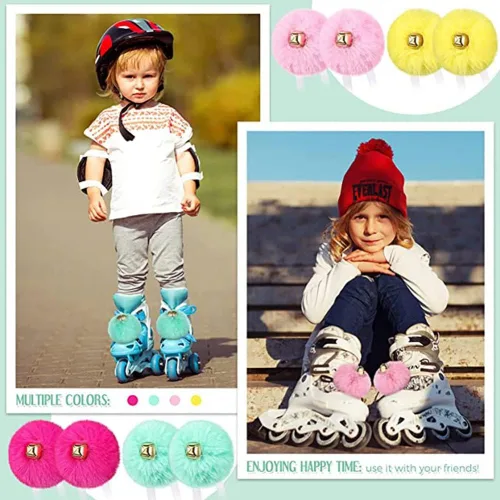 Vista 3 de HOMU 2 pompones de patín con pompones de piel sintética para niñas y mujeres, con cascabeles y rodillos, con pompones y pompones de piel sintética