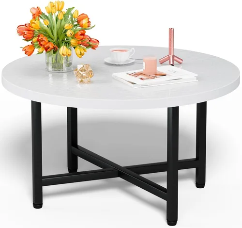 Vista 16 de Mesa de Café FAMIDGE, Mesas de Café de 23.6" para Sala de Estar, Mesa de Café Redonda con Marco de Metal, Mesa de Piso para Sentarse en el Suelo
