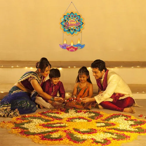 Vista 3 de LHIUEM Diwali - Letreros de madera de Happy Diwali para decoración de pared, juego de 2 (10 x 20 pulgadas), decoración de loto, pancarta india Happy
