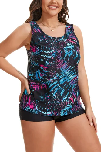 Vista 5 de Beautikini Traje de baño tankini de talla grande para mujer, camiseta de tankini atlética con pantalones cortos de cintura alta, trajes de baño