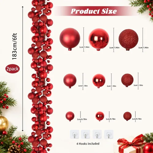 Vista 2 de RECUTMS 2 Pcs 6 Ft Christmas Red Ball Garland Ornament for Xmas Tree Deocr
