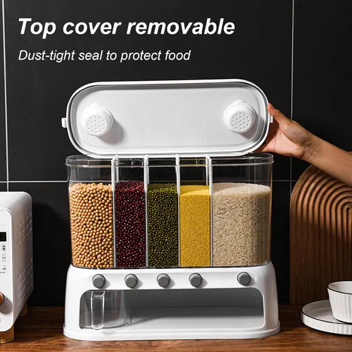 Vista 5 de Yuehuam Dispensador de alimentos secos, 12L montado en la pared, dispensador de granos de 5 rejillas, contenedor de almacenamiento de cereales