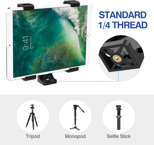 Vista 5 de MoKo Soporte para tablet, adaptador de trípode ajustable de 7 a 11 pulgadas, compatible con iPad, Galaxy Tab y más, negro (trípode no incluido)