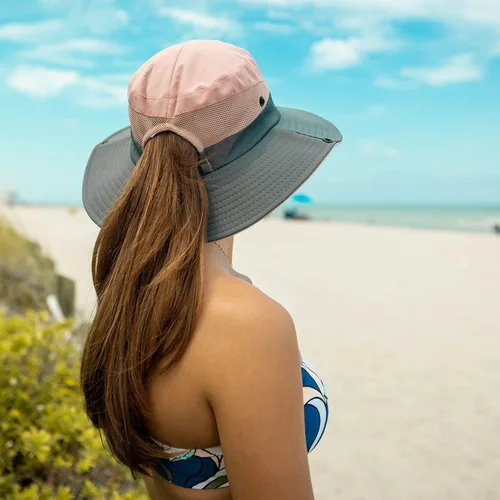 Vista 43 de Sombrero de pesca de playa de ala ancha para mujer, con protección UV, plegable, con agujero para cola de caballo