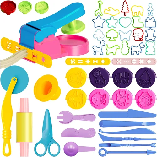 Vista 7 de Herramientas de masa para niños, 41 juguetes de masa, incluyen moldes de comida para jugar, cupcakes, helado, hamburguesa, papas fritas, fideos