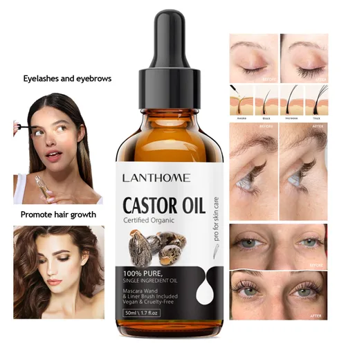 Vista 5 de Lanthome Aceite de ricino orgánico prensado en frío (1.7 onzas con kit de pestañas), aceite de ricino negro para pestañas, cejas y crema hidratante