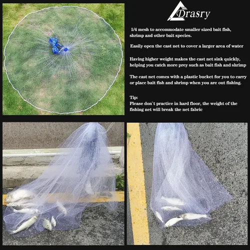 Vista 5 de Drasry Saltwater Fishing Cast Net for Bait 3/8 1/4 or 1/2 with Heavy Sinkers Fish Trap Throw Net. Size 3ft/4ft/5ft/6ft/7ft/8ft/9ft/10ft Radius