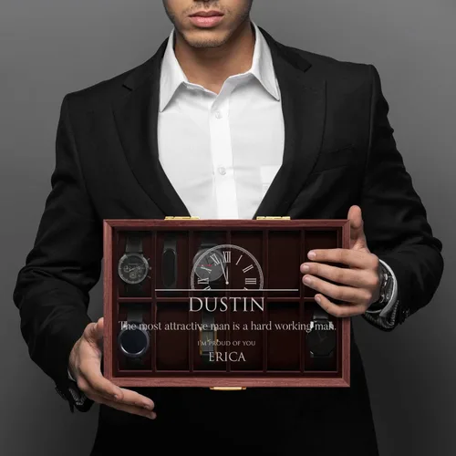Vista 4 de Maverton Caja de reloj rectangular de madera para él - Tapa de cristal grabada transparente - Para 12 relojes - Para hombres elegantes - Cumpleaños