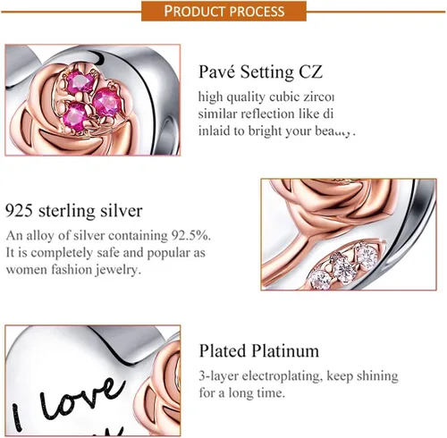 Vista 5 de Abalorios de plata de ley 925 con forma de corazón y flor de rosa 3D para pulseras, collares, bodas, día de San Valentín, día de la madre, regalo
