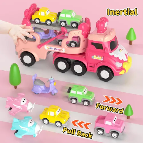 Vista 7 de newcrave - Juguetes de camiones para niñas de 1, 2, 3 años, juguetes de autos transportadores 7 en 1 para niñas pequeñas de 1-2, 2-3 años, juguete