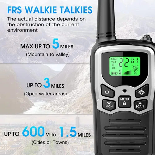Vista 3 de Walkie Talkies con 22 canales FRS, walkie talkies MOICO para adultos con linterna LED, pantalla LCD de escaneo VOX, radio familiar de largo alcance