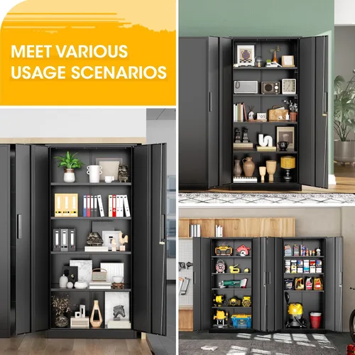 Vista 4 de Greenvelly Armario de almacenamiento de metal de 72 pulgadas de alto con 2 puertas y 4 estantes ajustables, gabinete de metal negro con cerradura