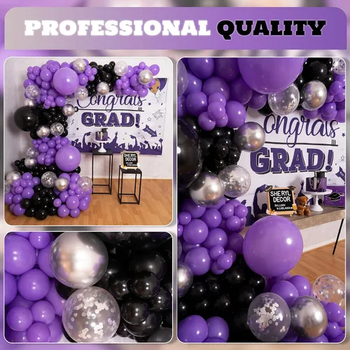 Vista 7 de Kit de guirnalda y arco de globos morados y negros todo en 1, globos pequeños y grandes, morado, negro y plateado, decoraciones de fiesta