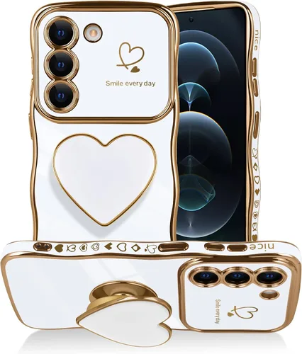 Vista 36 de Funda para Samsung Galaxy S22 Love-Heart Holder Case Cute Black Luxury Wave Frame forma rizada con corazón de amor, cubierta protectora de TPU suave