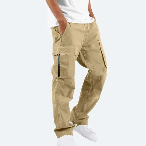 Vista 2 de Pantalones cargo de pierna recta para hombre, pantalones casuales sueltos para hombre, con cremallera, pantalones de senderismo atléticos