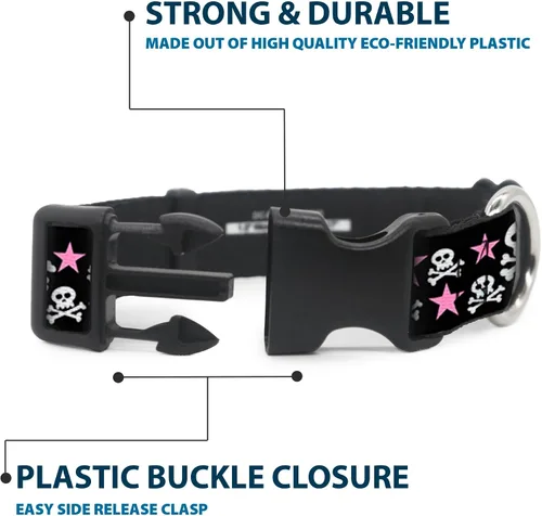 Vista 4 de Buckle-Down Collar de clip de plástico con diseño de Skulls & Stars de 9 a 15 pulgadas, color negro/blanco/rosa, pequeño