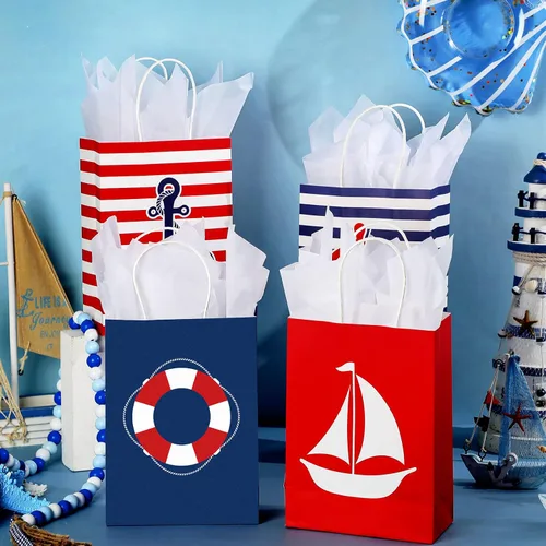 Vista 4 de Sepamoon Paquete de 16 bolsas de regalo náuticas, bolsas de papel para fiestas náuticas y papel de seda con asas, anclajes marinos, golosinas