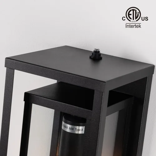 Vista 4 de mirrea Aplique de pared para exteriores de 14 pulgadas, 1 luz en negro mate, marco de metal rectangular y pantalla de vidrio transparente, luz