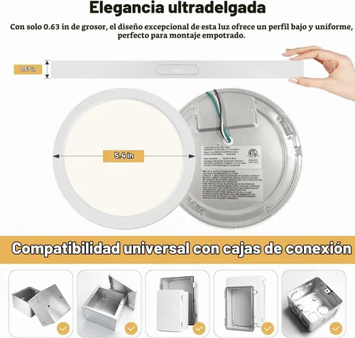 Vista 4 de Lámpara de techo de montaje empotrado - Certificada ETL - LED de 3,000 K y luz blanca cálida de 5 pulgadas, diseño redondo ultradelgado de 0.63