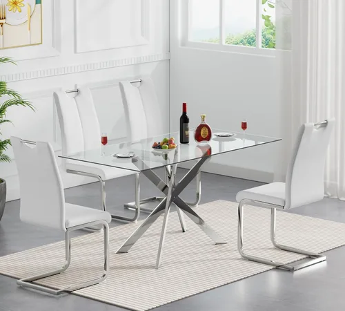 Vista 20 de Henf Juego de mesa de comedor de 5 piezas para 4, mesa de comedor rectangular de 51 pulgadas y 4 sillas de comedor de poliuretano gris carbón, mesa