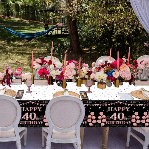Vista 5 de Mantel rectangular grande de 54 x 108 pulgadas para cumpleaños de mujeres y hombres, decoración de mesa temática de 40 cumpleaños para mujeres