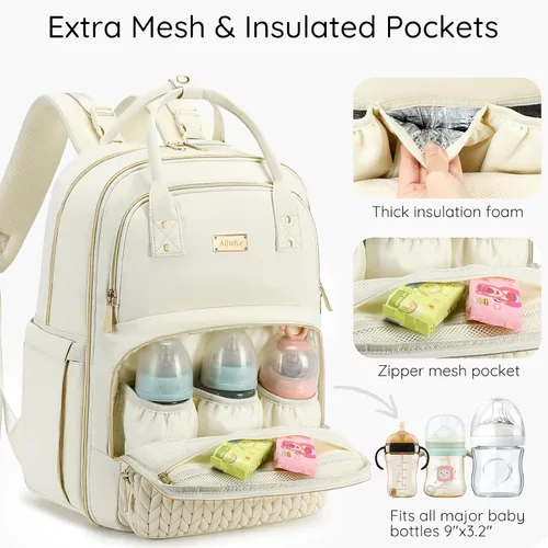 Vista 5 de Mochila para pañales, grande, multifuncional, para niños, niñas y bebés, bolsa esencial de viaje con cambiador, bolsillos aislados, correas