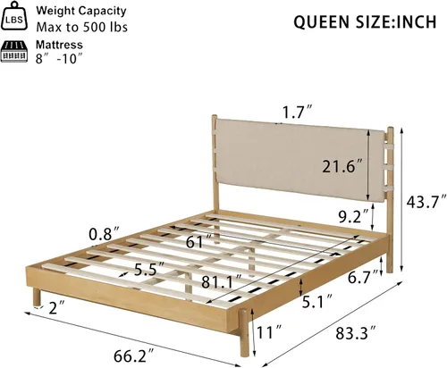 Vista 2 de Merax Moderno juego de base de cama Queen con 2 mesitas de noche, cama de plataforma de madera beige con cabecero y mesitas de noche a juego