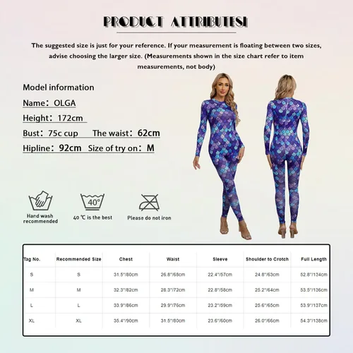 Vista 7 de YONGHS Enterizo con estampado de escamas de peces 3D para mujer, overol elástico de cobertura completa, disfraz de cosplay de Halloween