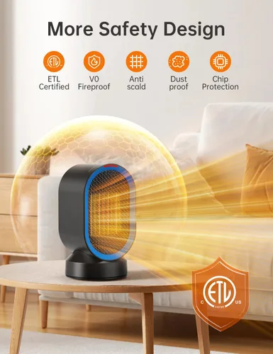 Vista 5 de TABYIK Calentador de espacio eléctrico para uso en interiores, pequeño calentador portátil oscilante de 45°, calentador personal oscilante